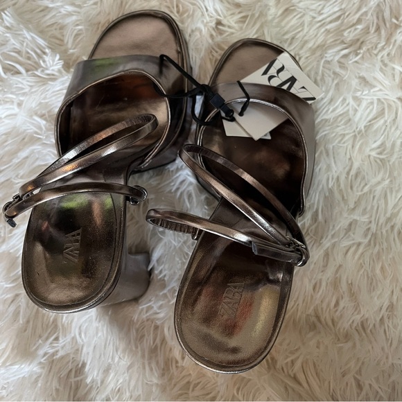 New Zara Strappy Platform Silver Metallic Block Heel Sandals Size 9 - Picture 5 of 13
